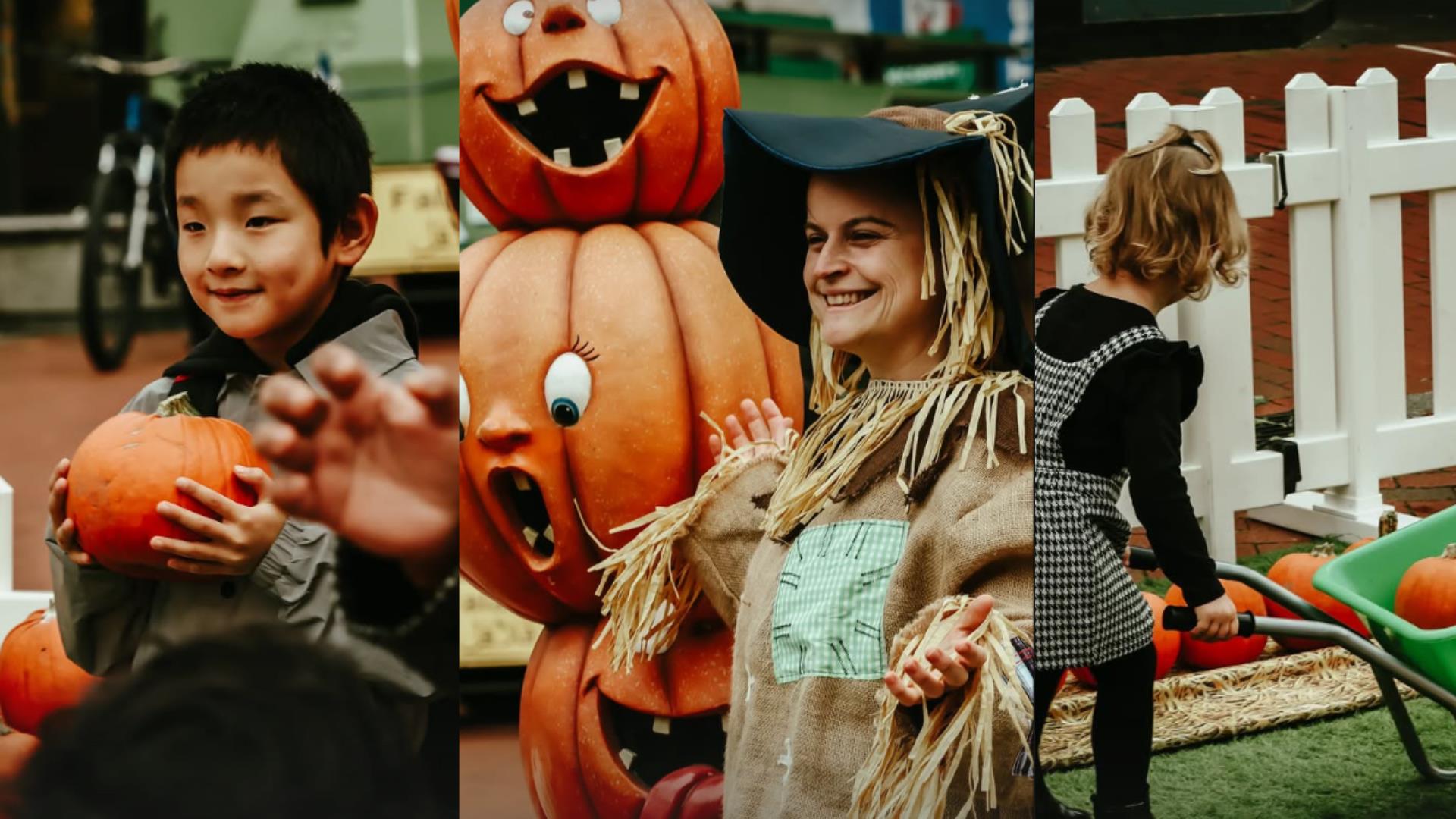 Children at a pumpkin patch with a lady dressed up as a scarecrow