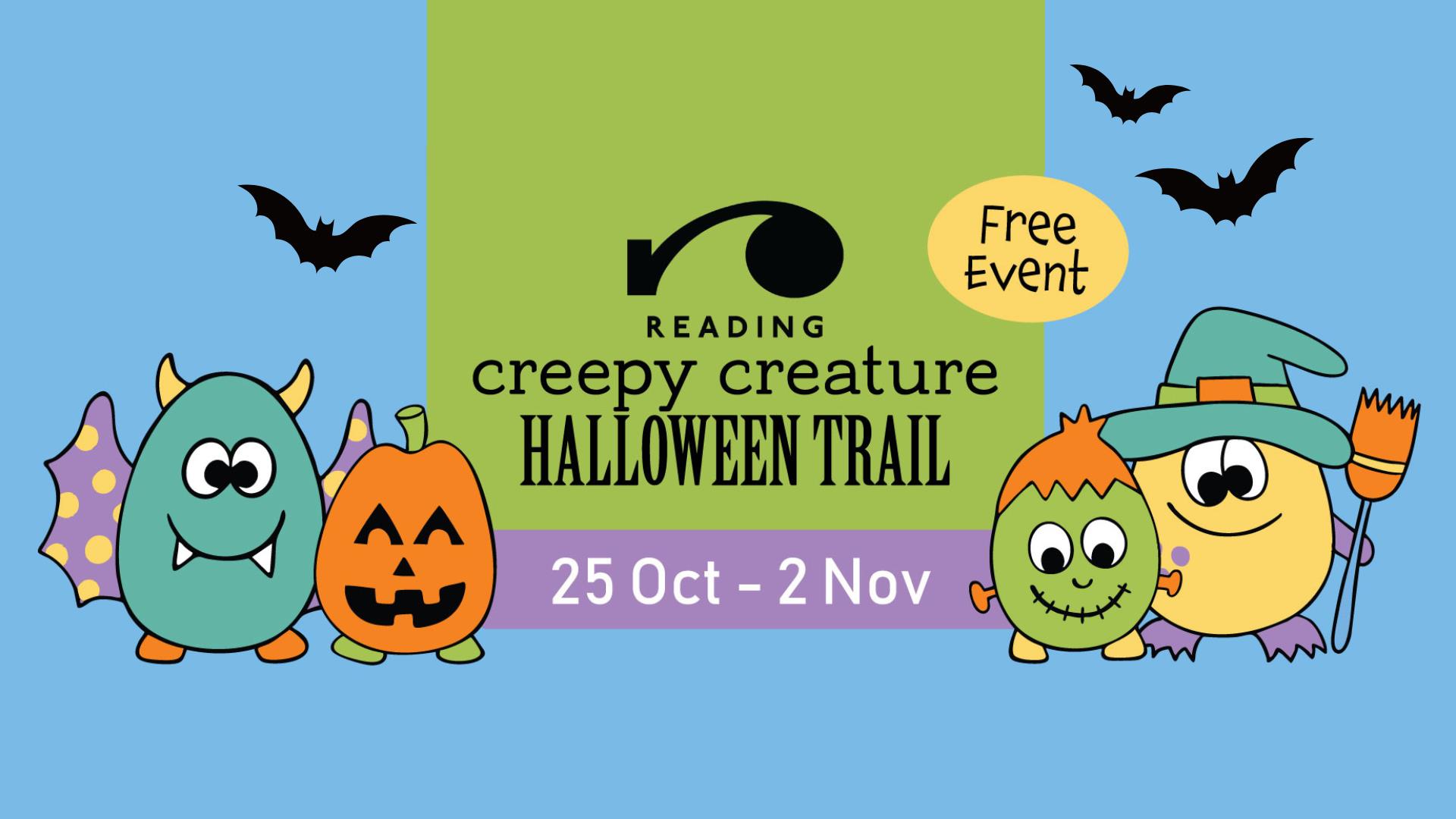 Cartoon monsters with bats and the text 'Creepy Creature Halloween Trail'