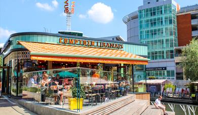 Terrace of restaurant on sunny day