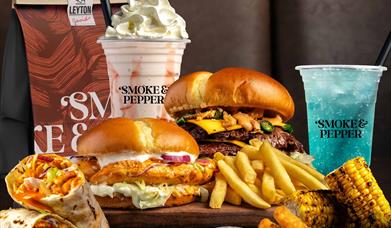 burgers, milkshake, wraps and corn