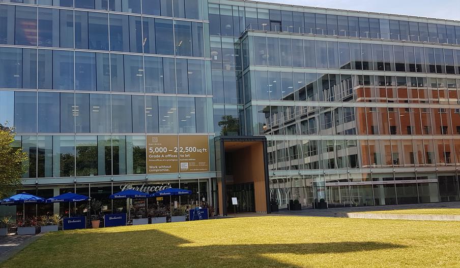 grassed square in front of glass office building