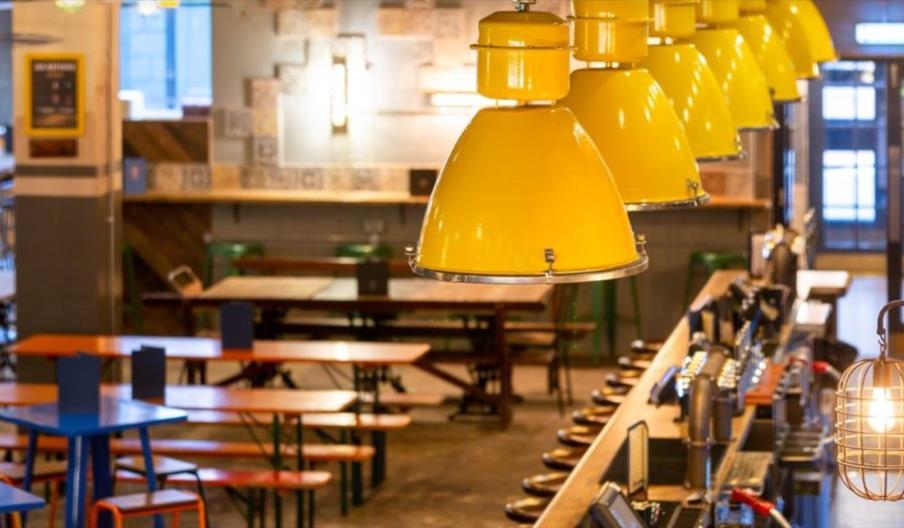 lampshades overlooking bar area