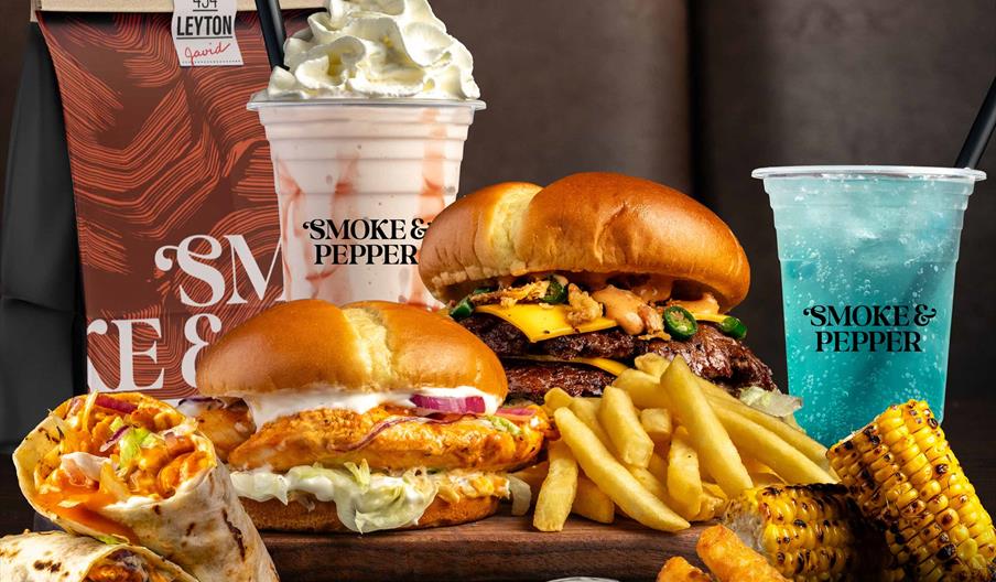 burgers, milkshake, wraps and corn