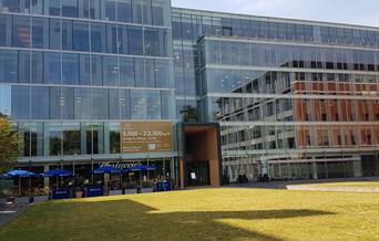 grassed square in front of glass office building