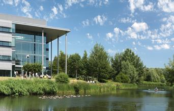 lake in front of office building