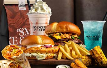 burgers, milkshake, wraps and corn