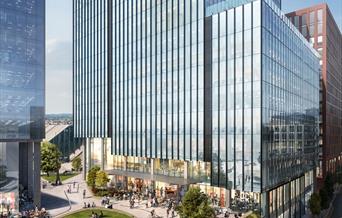 glass office towers in front of a new square at Station Hill