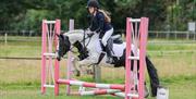 Girl riding a horse over a pink hurdle