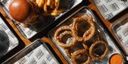 Burger, chips and onion rings