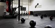 Gym equipment - weights, ropes and a punching bag
