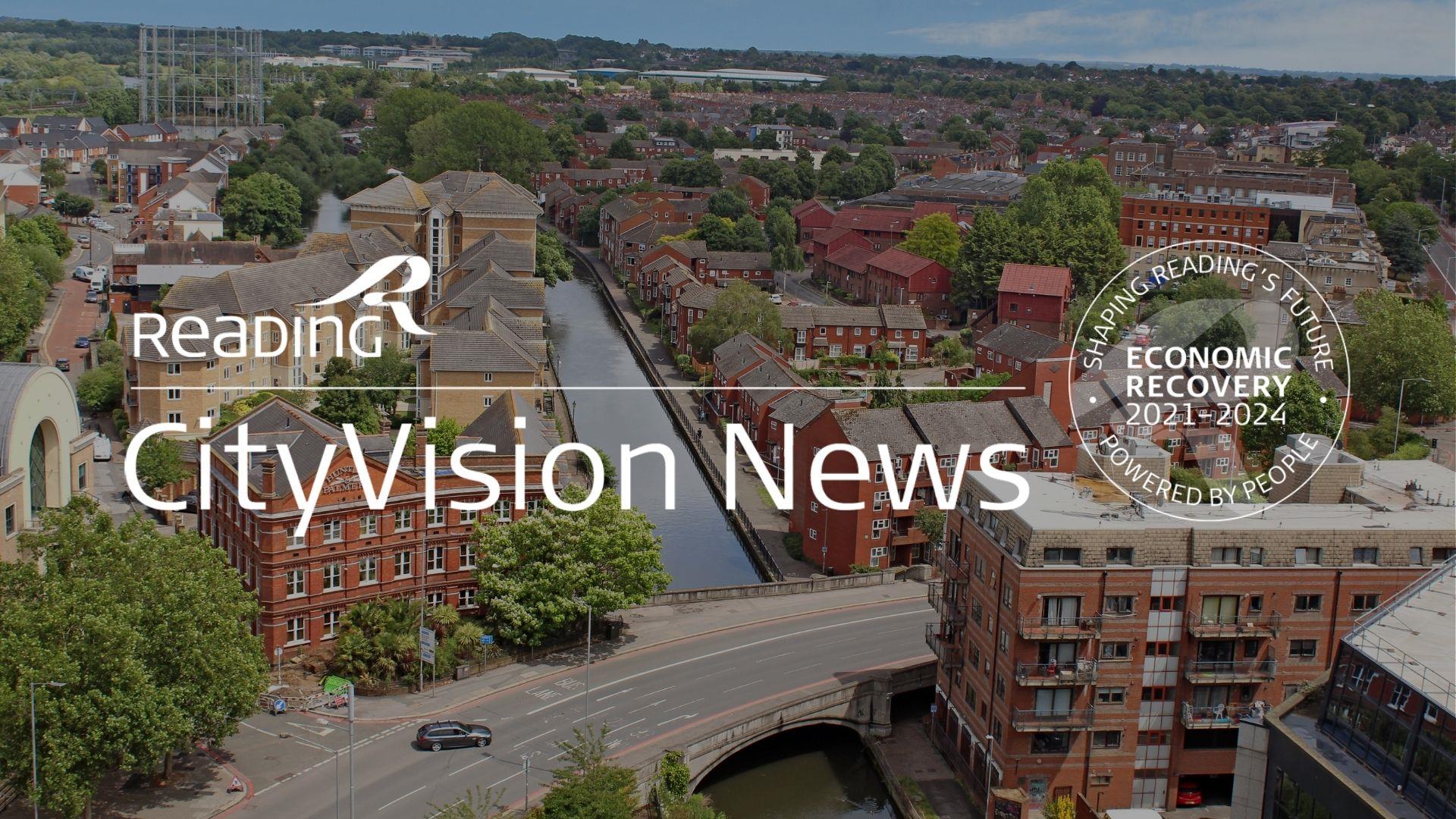 Aerial view of Reading centre with City Vision News logo