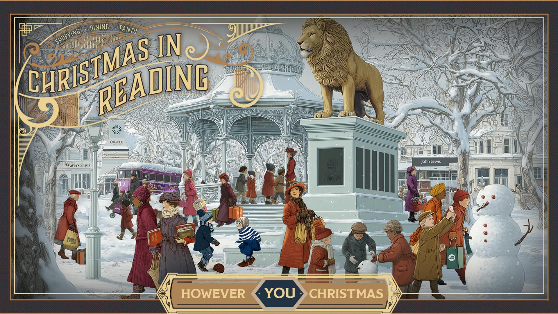 Artwork of Reading at Christmas in the past with modern shopping bags and the maiwand lion statue.