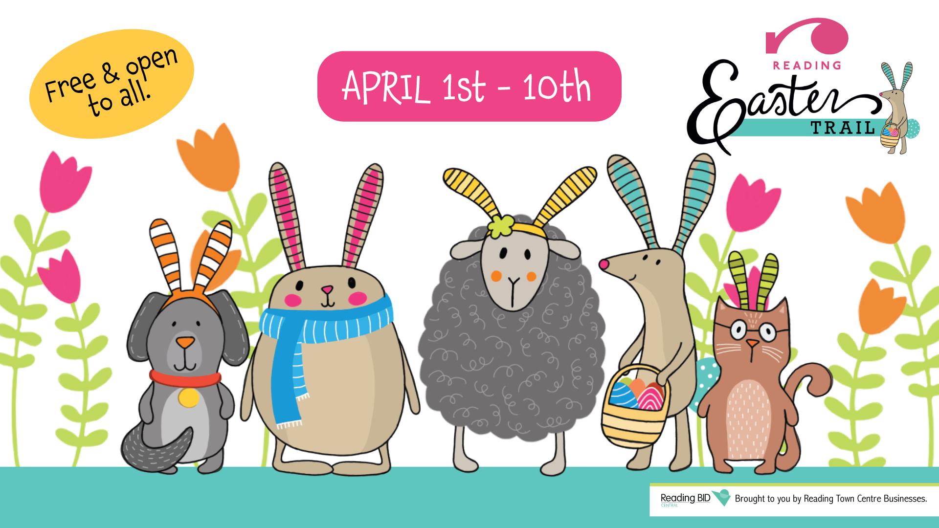 Graphic with Easter animals advertising Reading's Easter Trail for 2023