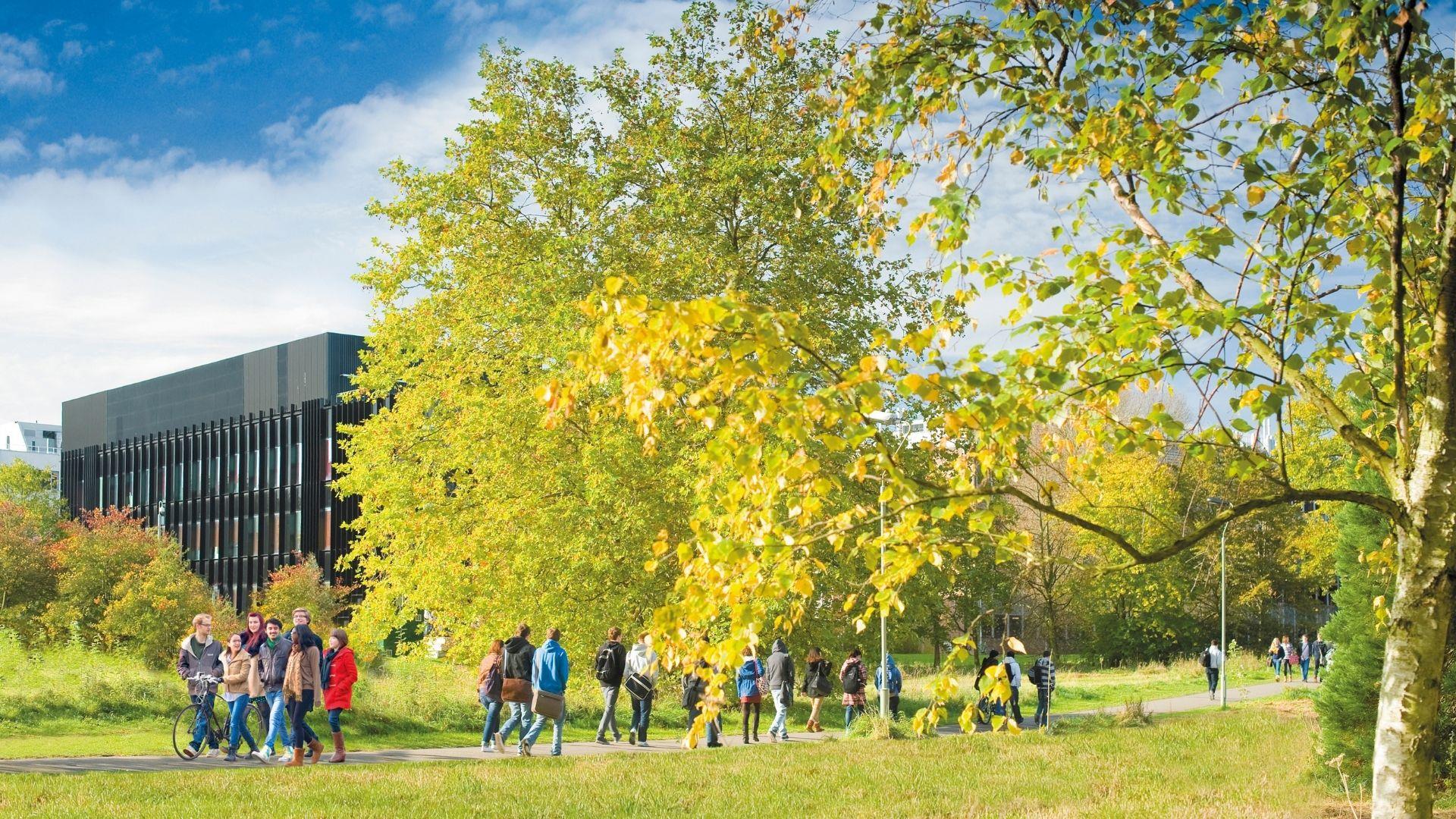 Group of students walking through the green grounds of Reading University.
