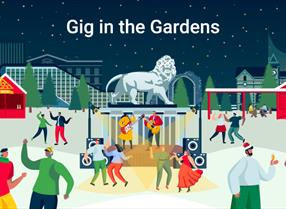 Illustration showing people dancing to live music in Reading's Forbury Gardens