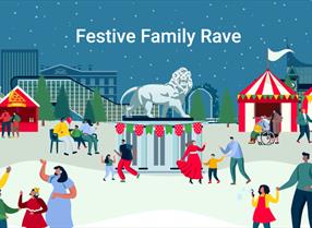 Illustration showing families dancing in Reading's Forbury Gardens at Christmas time.