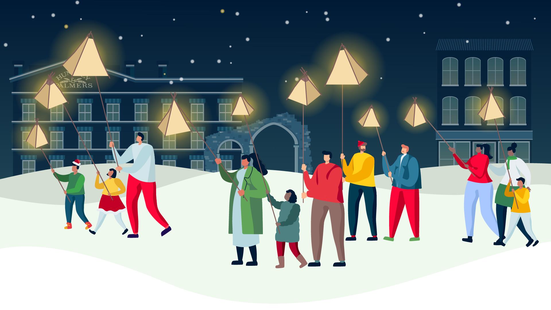 Illustrated Christmas scene showing a lantern parade in Reading
