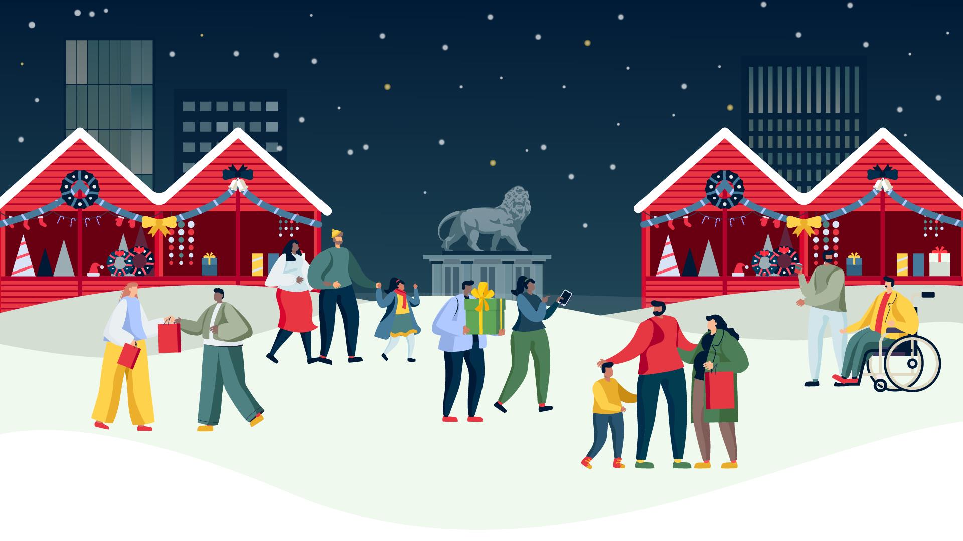 Illustrated Christmas scene showing people Christmas shopping in Reading