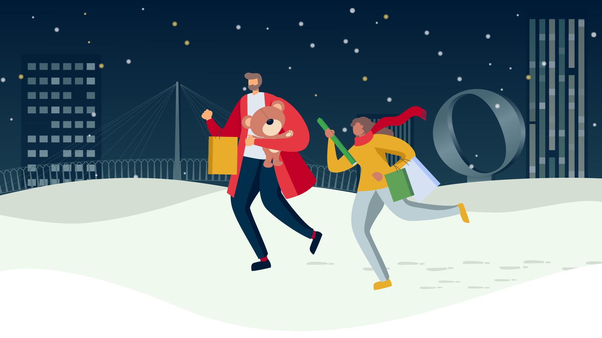 Illustrated Christmas scene with two people running with shopping bags