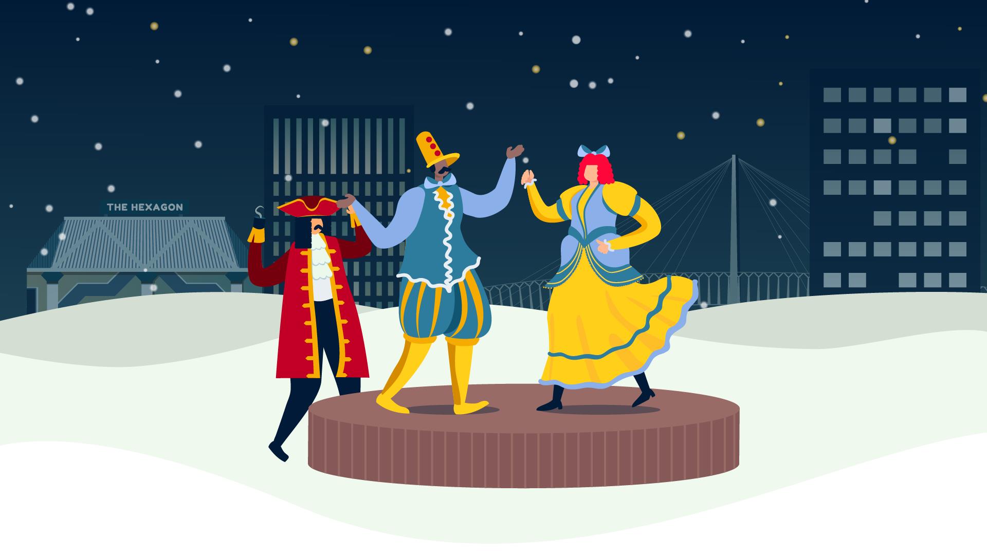 Illustrated Christmas scene showing pantomime characters in Reading