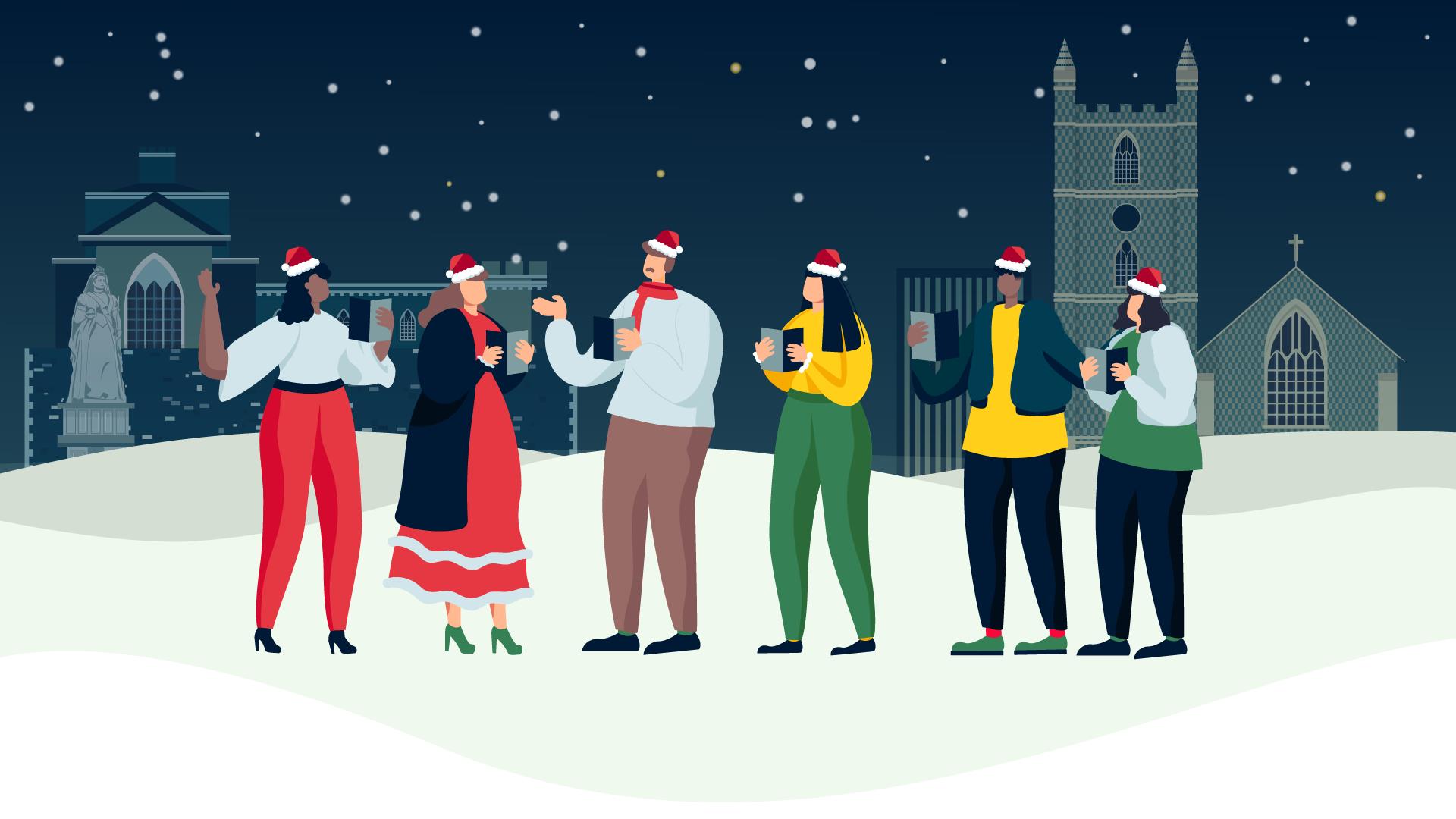 Illustrated Christmas scene showing a group of carol singers in Reading