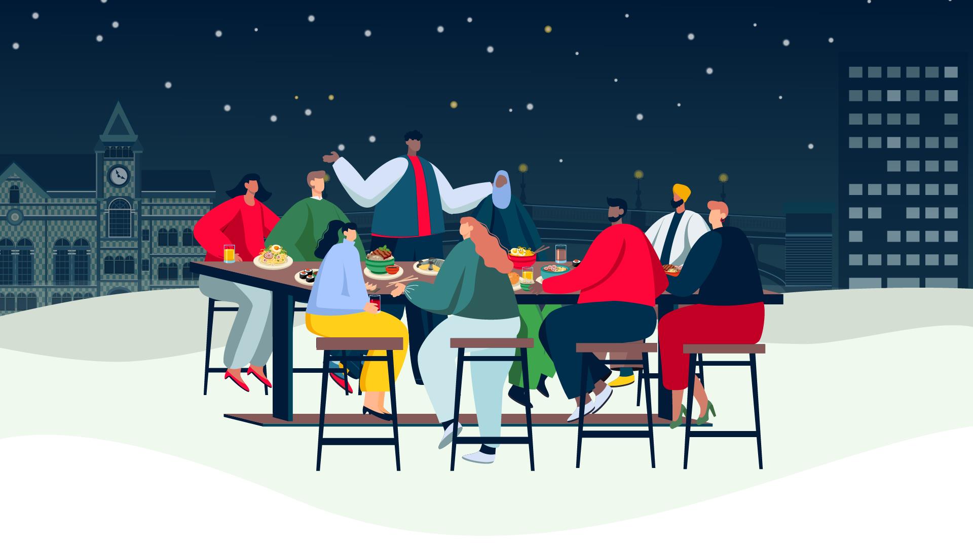 Illustrated Christmas scene showing a group of friends having dinner together to celebrate the festive season