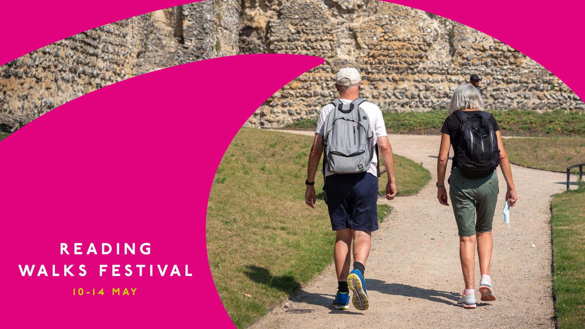 Reading Walks Festival header showing two people walking through Reading Abbey Ruins