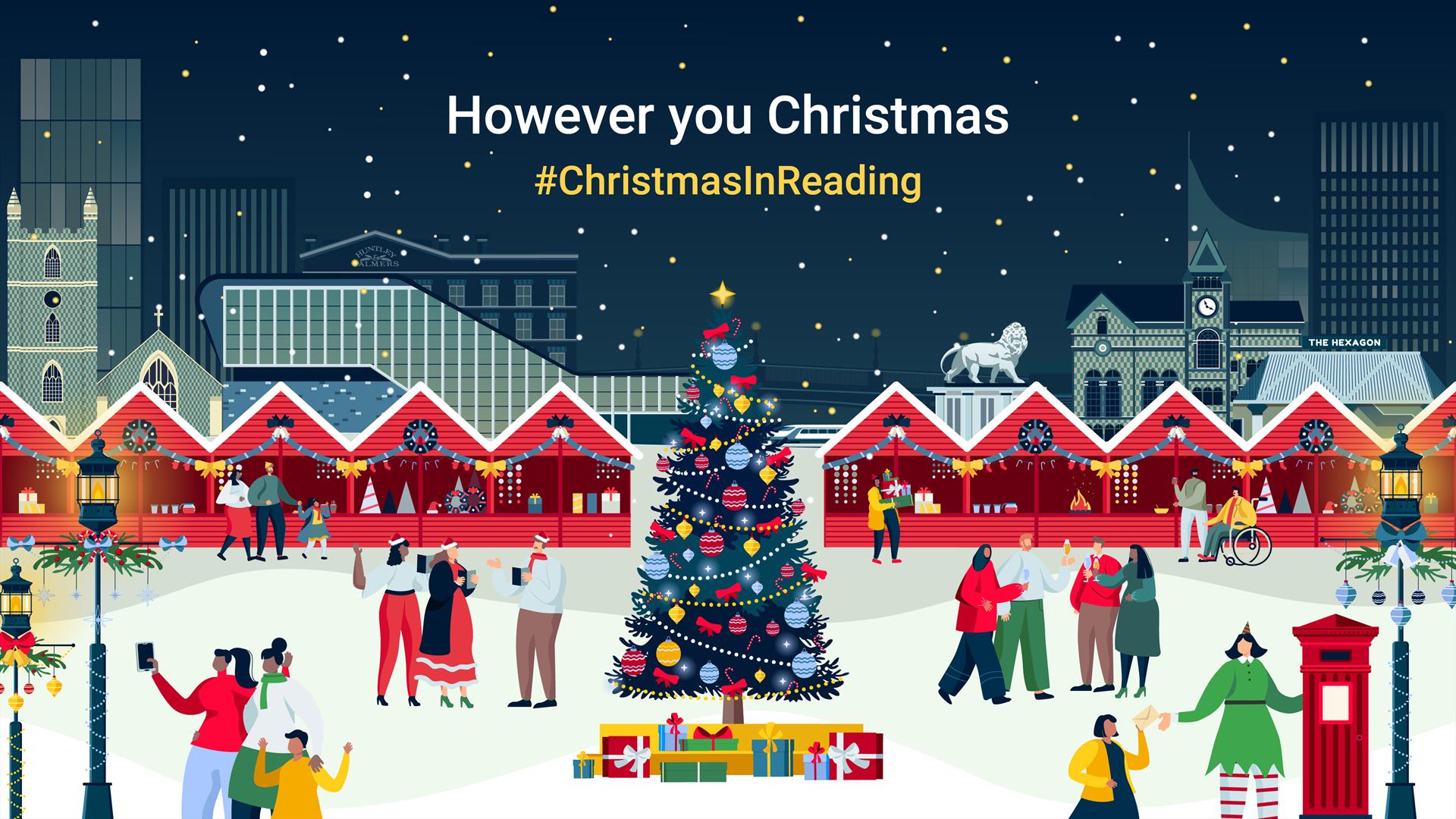 Illustrated scene showing people celebrating Christmas in Reading