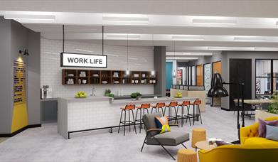 interior of work.life - sofas, chairs and coffee area