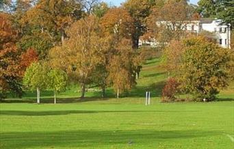 Sports fields with mansion house in background