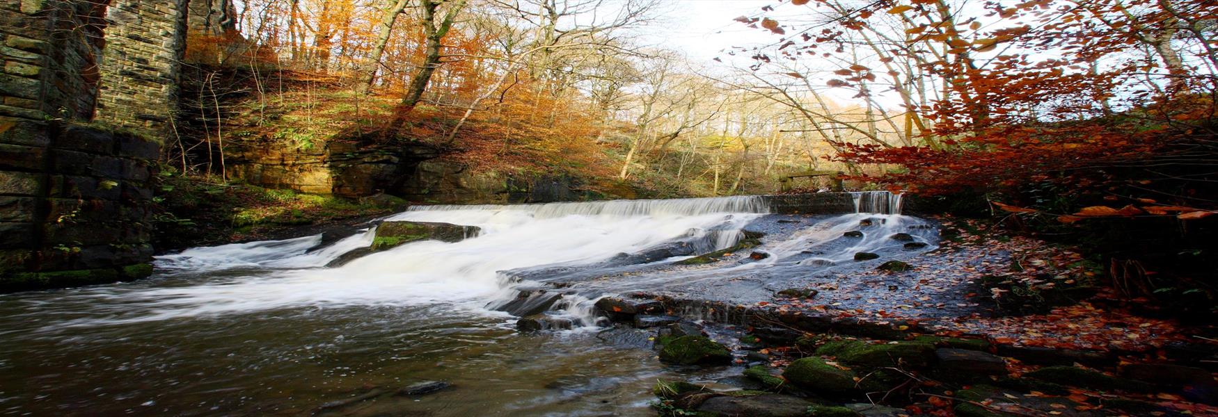 A weir with rushing water at Healey Dell.