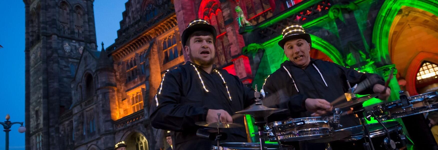 Two drummers at the Rochdale Christmas Lights 2018.