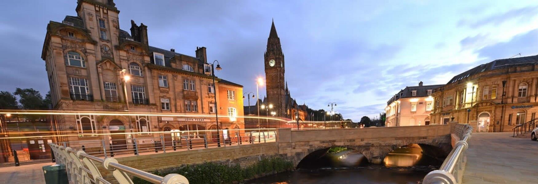 Rochdale town centre at night.