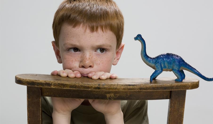 A child with a dinosaur toy.