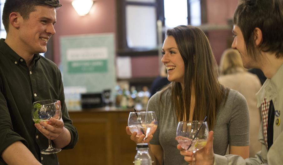 A group of people socialising with gin.