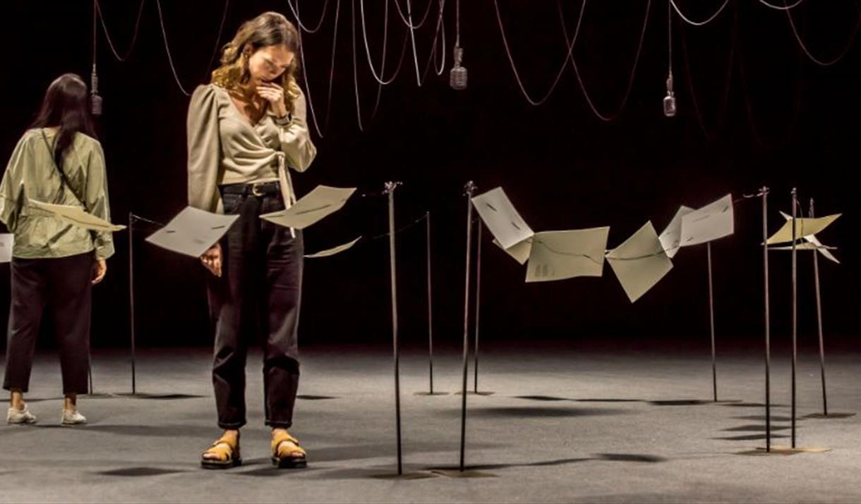 An art installation of microphones and cables.