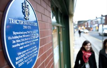 A plaque commemorating Tractor Sound Studios in Heywood.