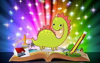 An illustrated book with a dinosaur sitting on its pages.