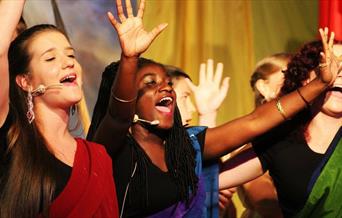 Women singing with hands in the air