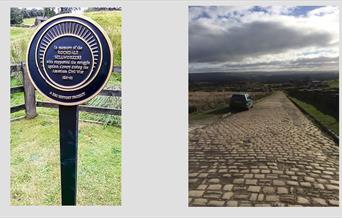 Commemorative post on Common Famine Road and a view over the Pennines.