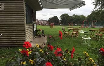 Chairs and tables set out at Hopwood Park.