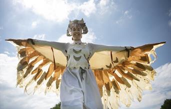 Performer in Handmade Productions bird costume.