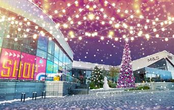 Rochdale Riverside lit up with Christmas lights.