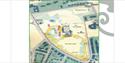 Map of a park showing pedestrian entrances, bowling greens, sun gardens, a pond, bandstand, lower lawns, and a play area. Yellow arrows indicate a wal