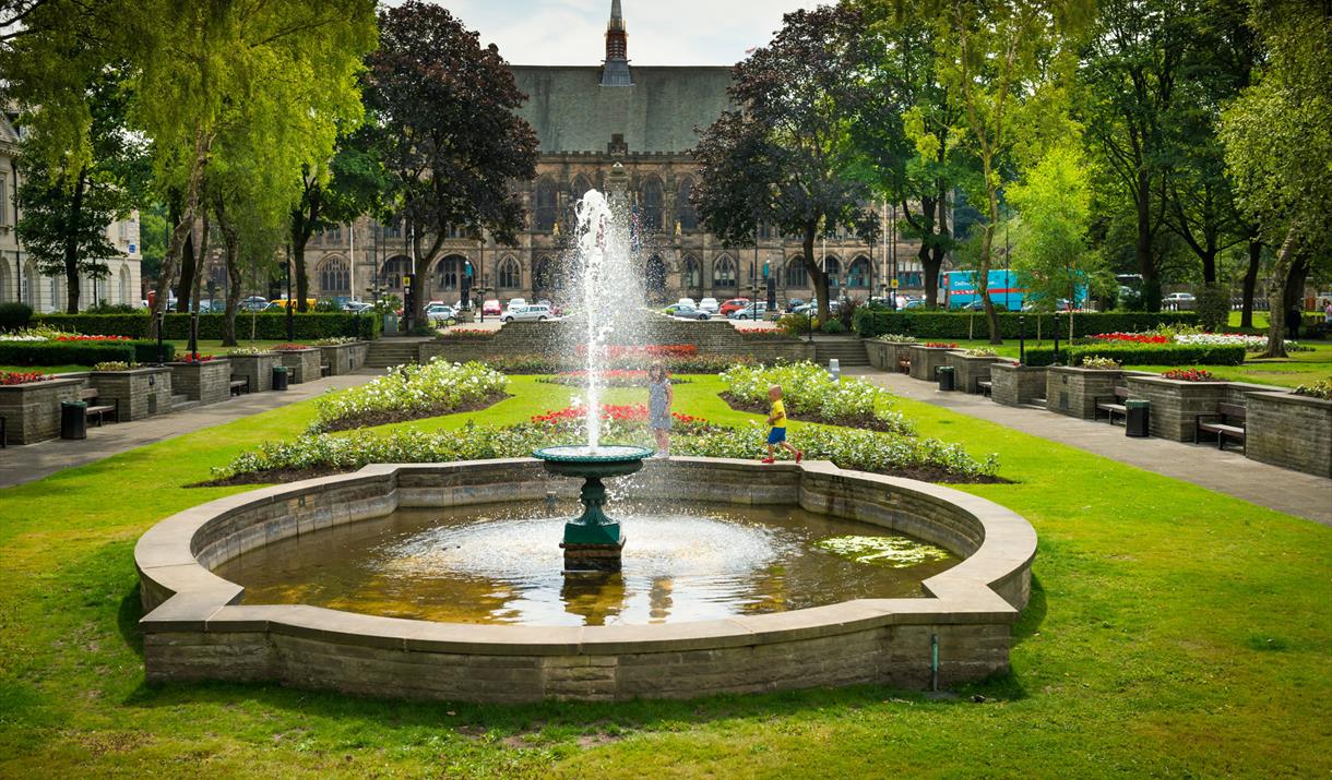 The fountain in Rochdale Memorial Gardens.