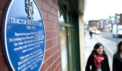 A plaque commemorating Tractor Sound Studios in Heywood.