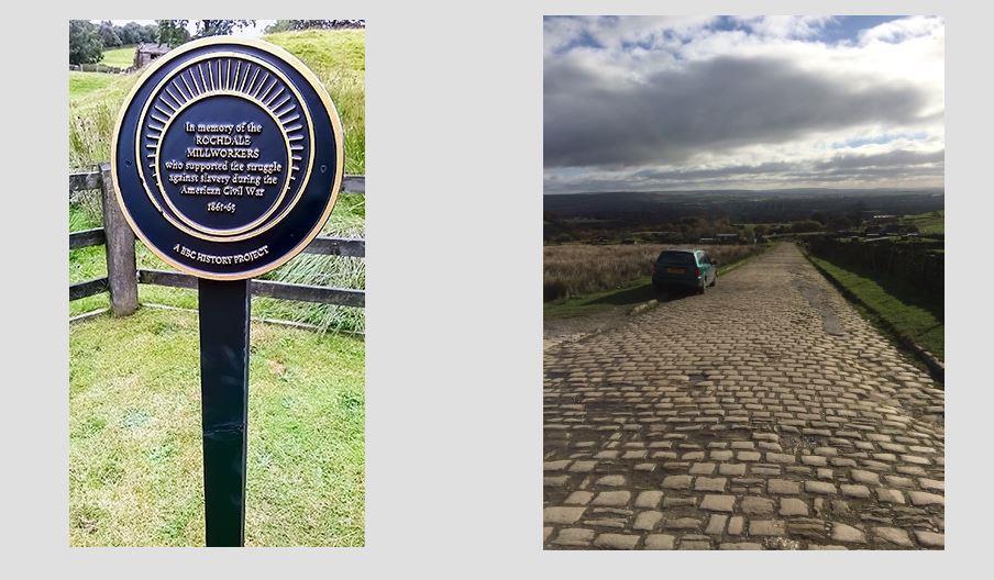 Commemorative post on Common Famine Road and a view over the Pennines.