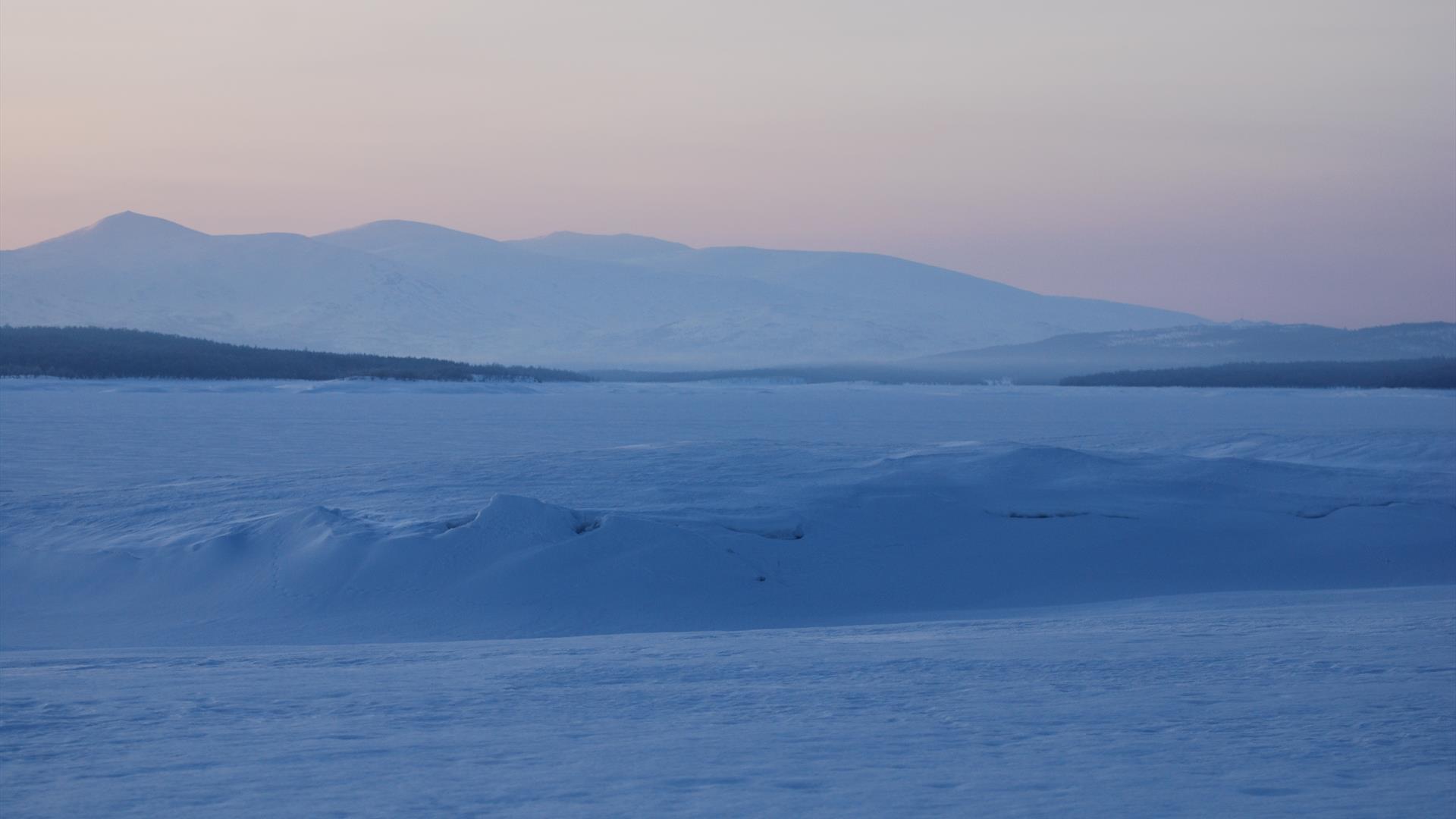 Den magiske blåtimen i vinterlandskapet på Røros. Vi ser Vigelfjella i bakgrunnen.