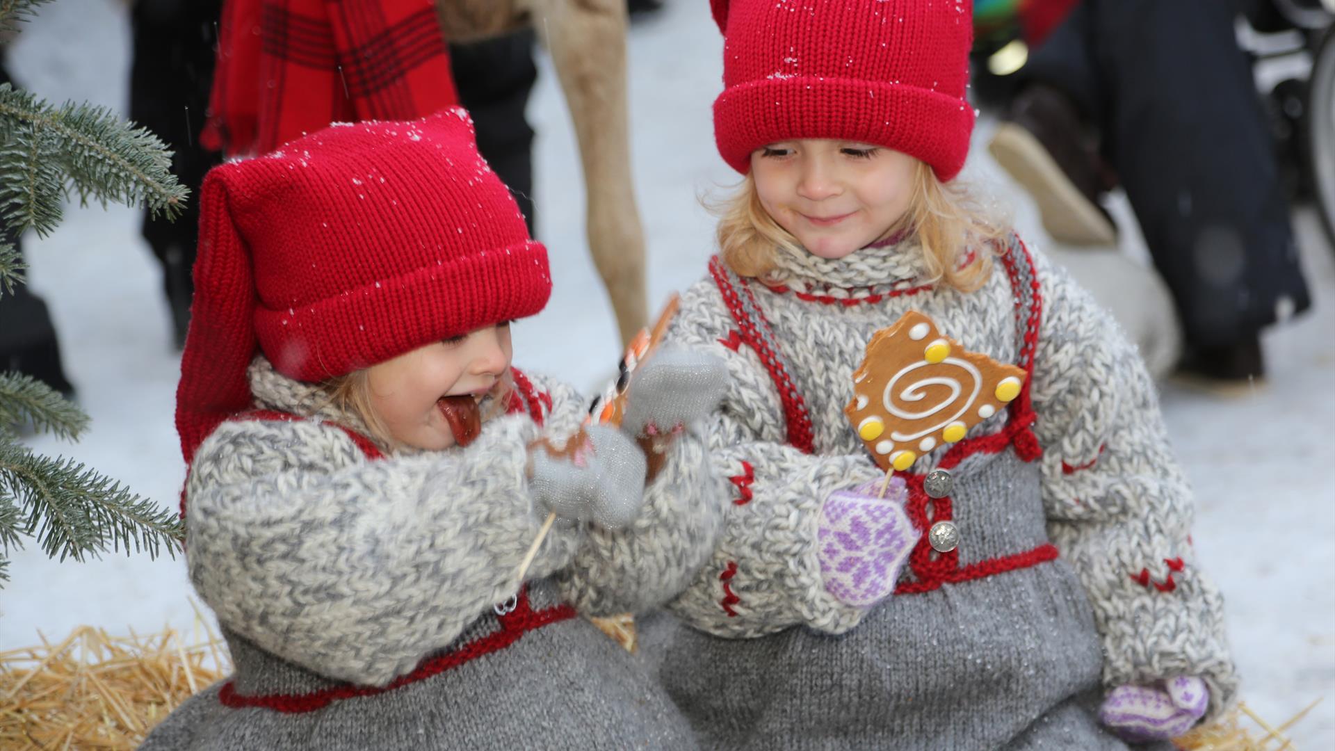 Små barn koser seg med pepperkake-kjærlighet på Julemarked Røros