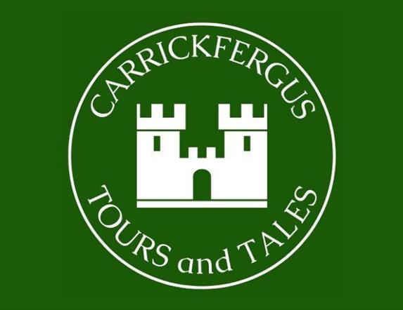 Logo of Carrickfergus Tours and Tales with green background and castle in the centre